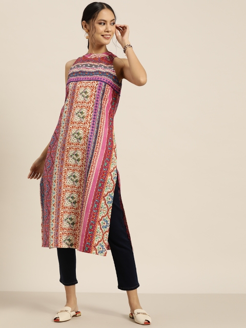 

Sangria Women Pink & Blue Ethnic Motifs Printed Straight Kurta