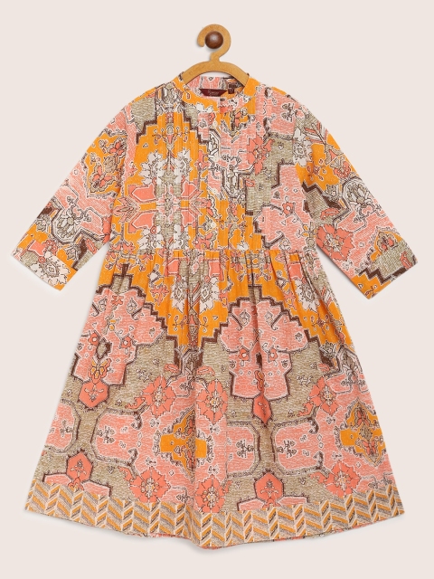 

Sangria Girls Mustard Yellow & Pink Geometric Print Cotton Dress cum A-Line Kurta