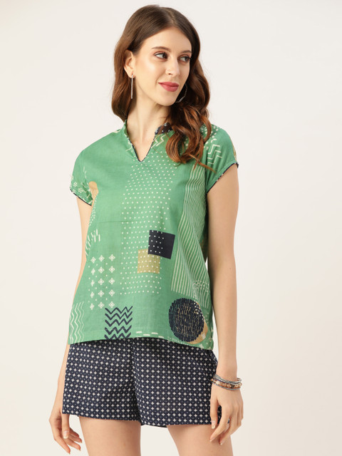 

Sangria Women Green & Navy Blue Pure Cotton Geometric Print Top with Shorts