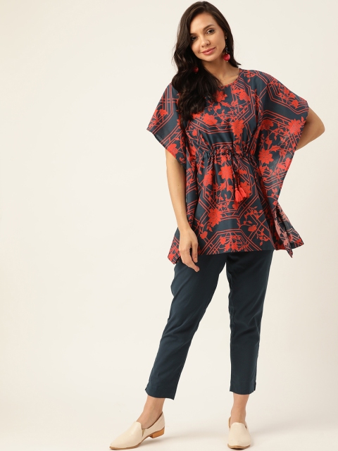 

Sangria Women Navy Blue & Red Pure Cotton Ethnic Motifs Printed Tunic with Trousers