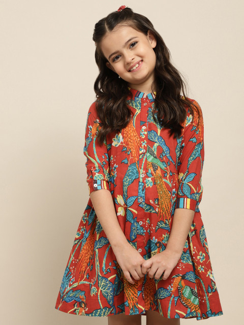 

Sangria Girls Rust Red & Blue Peacocks & Floral Print Pure Cotton Ethnic Shirt Dress