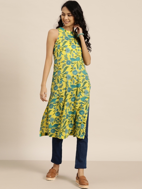 

Sangria Women Yellow & Teal Blue Ethnic Motifs Print Pure Cotton Straight Kurta