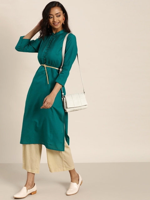 

Sangria Women Teal Green Solid Pleated Straight Kurta