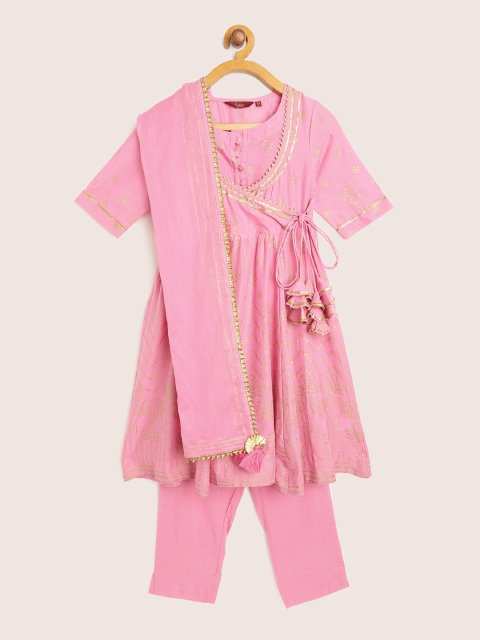 

Sangria Girls Pink & Golden Pure Cotton Printed Angrakha Kurta Set