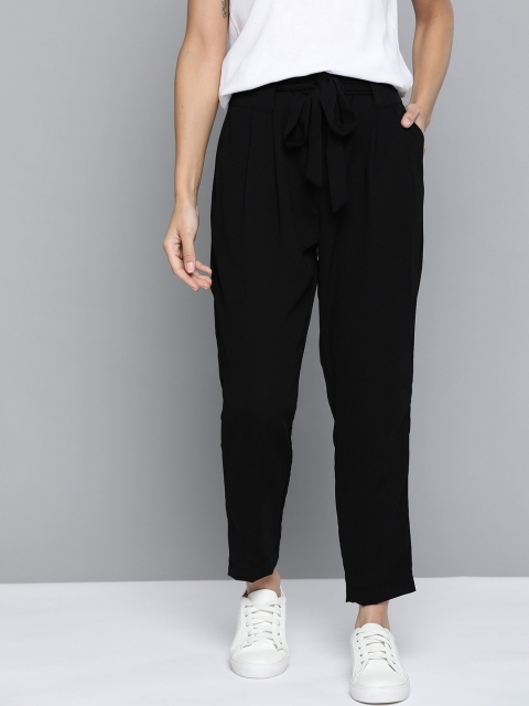 

Mast & Harbour Women Black High-Rise Pleated Peg Trousers with Belt