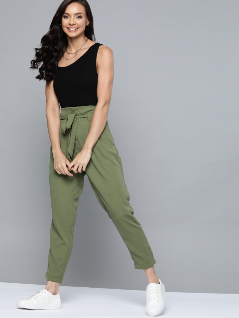 

Mast & Harbour Women Olive Green High-Rise Pleated Peg Trousers