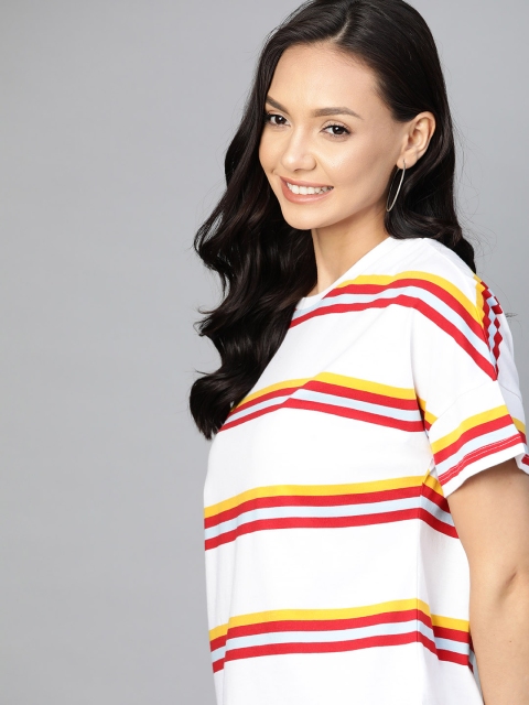 

Mast & Harbour Women White & Red Pure Cotton Striped Drop-Shoulder Sleeves T-shirt