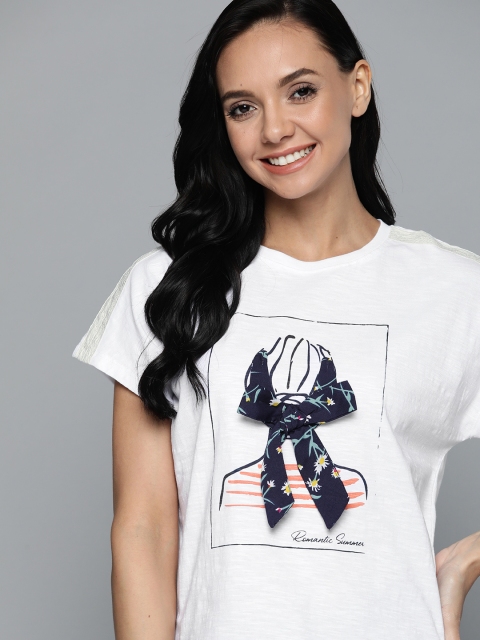 

Mast & Harbour Women White Printed Extended Sleeves T-shirt
