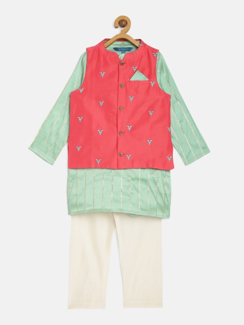 

Lil Peacock Boys Green & White Striped Kurta Set With Nehru Jacket