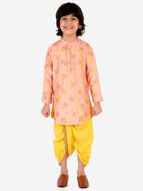 

Lil Peacock Boys Yellow & Pink Embroidered Kurta with Dhoti