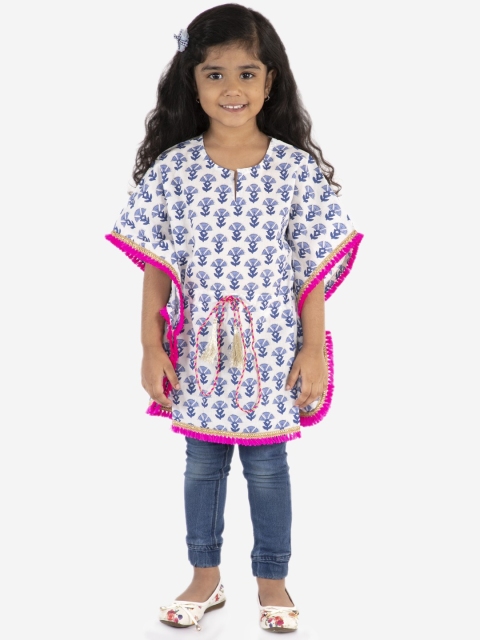 

Lil Peacock Girls White & Blue Printed Pure Cotton Kaftan Dress