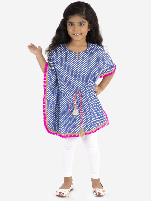 

Lil Peacock Girls Blue Printed Pure Cotton Kaftan Dress