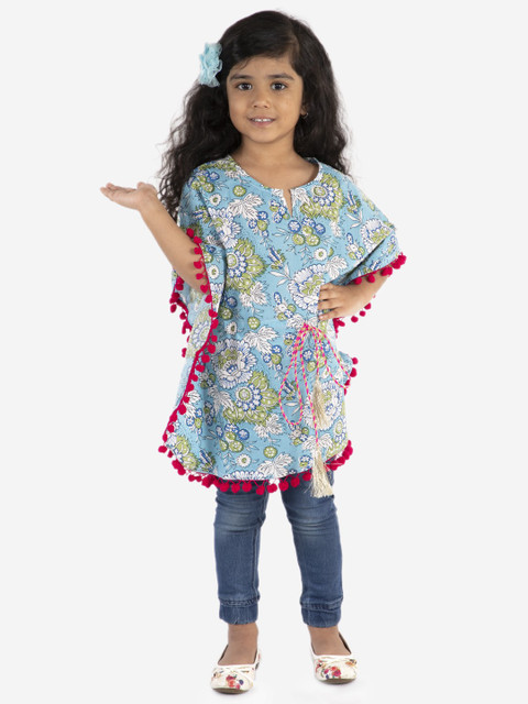 

Lil Peacock Girls Blue & Green Printed Pure Cotton Kaftan Dress