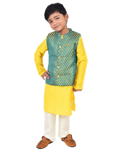 

Lil Peacock Boys Yellow & White Solid Kurta with Pyjamas & Nehru Jacket
