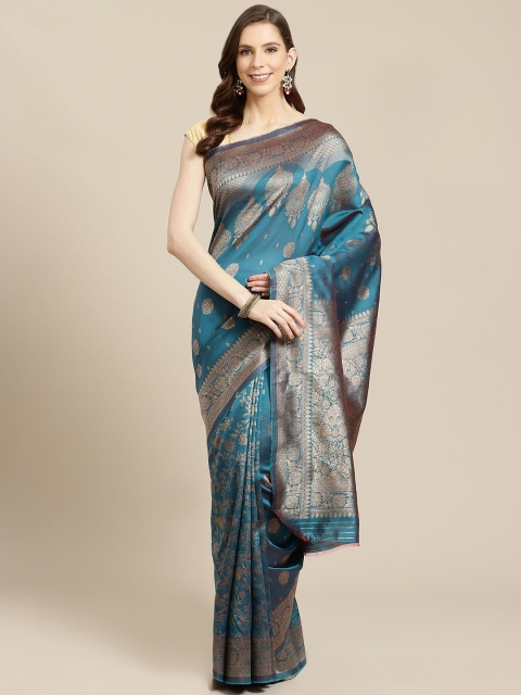 

SHOPGARB Teal Blue & Gold-Toned Woven Design Banarasi Saree