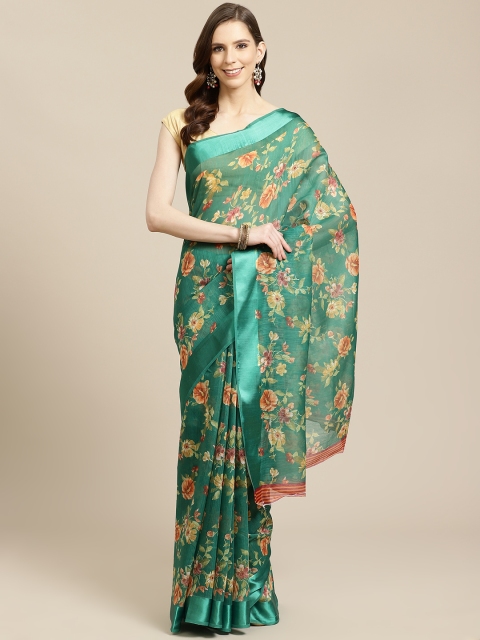 

SHOPGARB Green & Orange Floral Print Saree