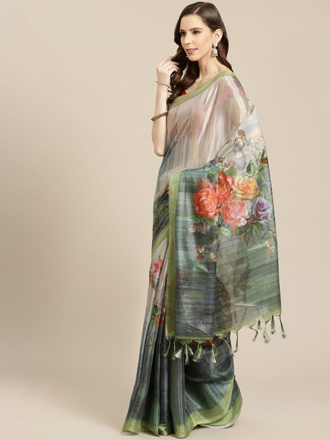 

SHOPGARB Green & Silver Floral Printed Banarasi Celebrity Saree