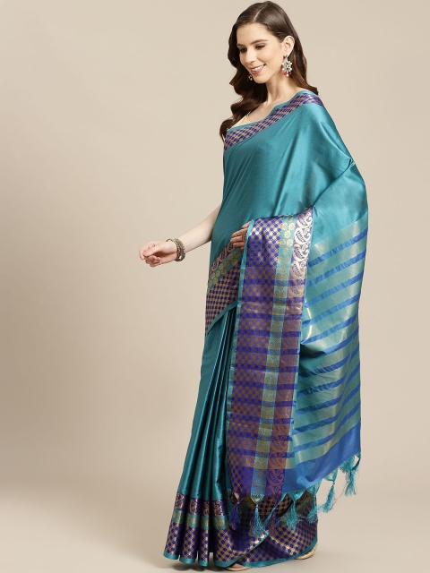 

SHOPGARB Teal Blue Solid Banarasi Saree