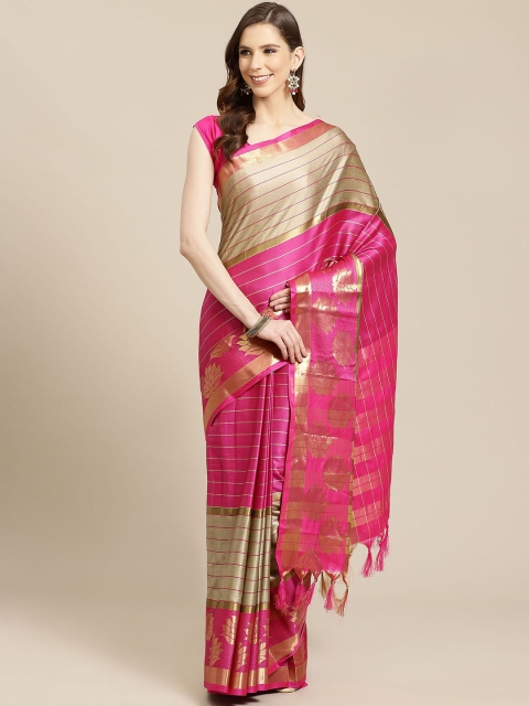 

SHOPGARB Pink & Golden Striped Banarasi Saree