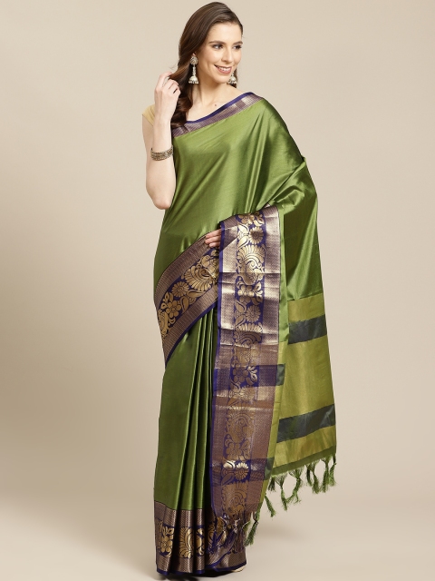 

SHOPGARB Olive Green Solid Banarasi Saree