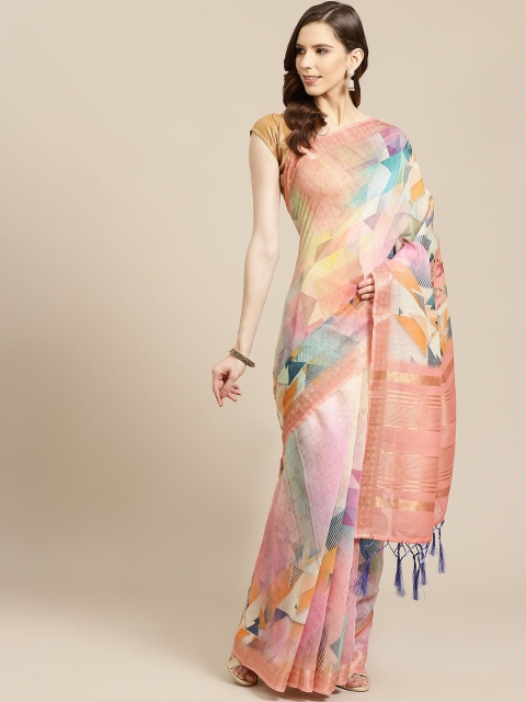 

SHOPGARB Peach-Coloured & Blue Geometric Printed Banarasi Celebrity Saree