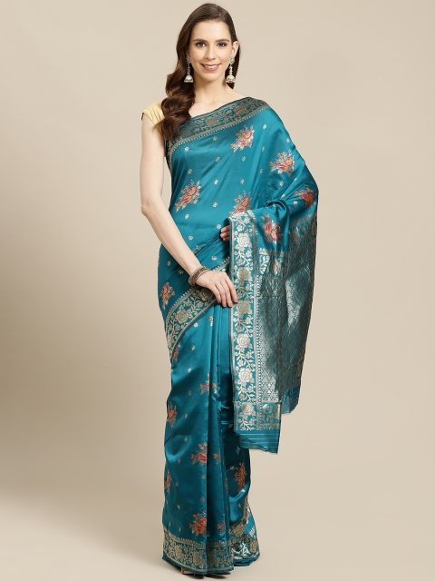 

SHOPGARB Teal Blue & Mustard Yellow Floral Woven Design Banarasi Saree