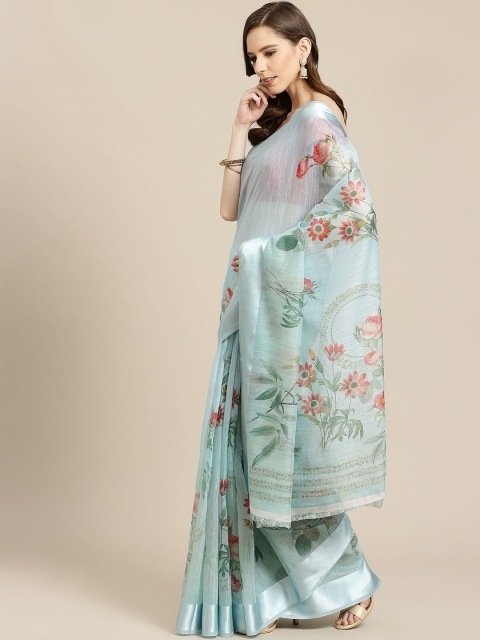 

SHOPGARB Blue & Pink Silk Cotton Printed Banarasi Saree