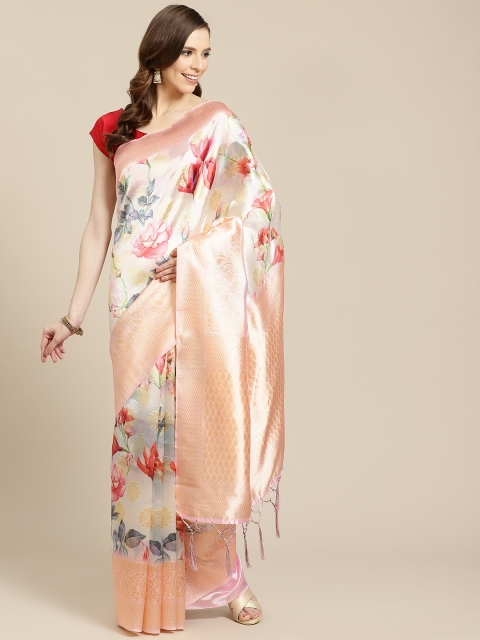 

SHOPGARB Cream-Coloured & Red Floral Printed Banarasi Celebrity Saree