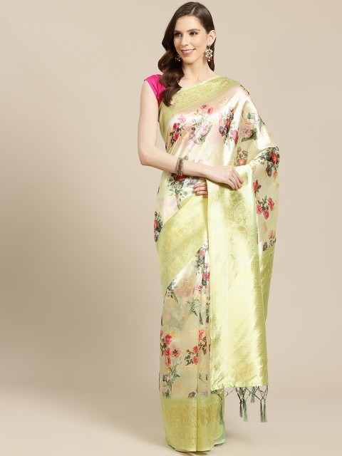 

SHOPGARB Green & Pink Floral Print Banarasi Saree