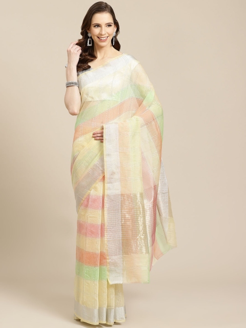 

SHOPGARB Cream-Coloured & Pink Checked Banarasi Celebrity Saree