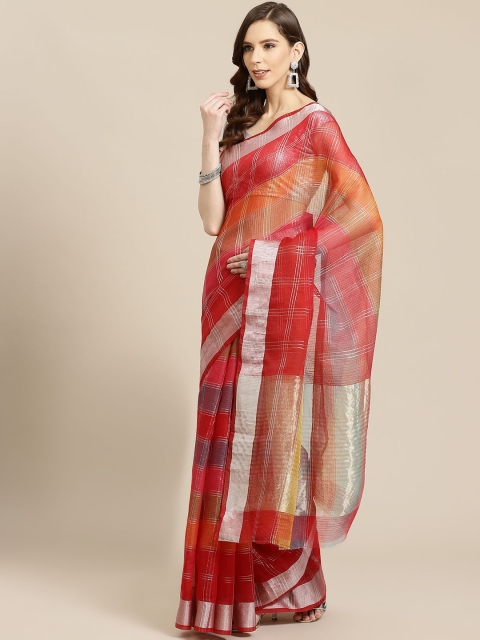 

SHOPGARB Red & Silver Checked Banarasi Celebrity Saree