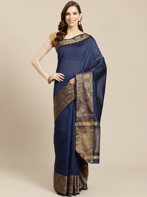 

SHOPGARB Navy Blue & Golden Solid Banarasi Celebrity Saree