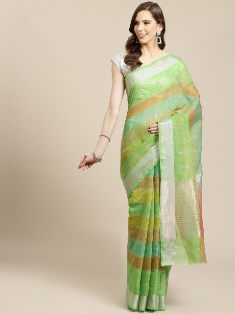 

SHOPGARB Green & Orange Checked Banarasi Celebrity Saree