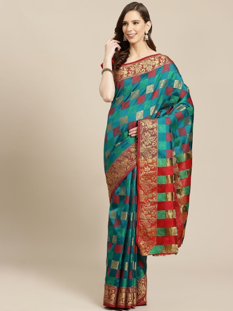 

SHOPGARB Teal Blue & Red Checked Banarasi Celebrity Saree