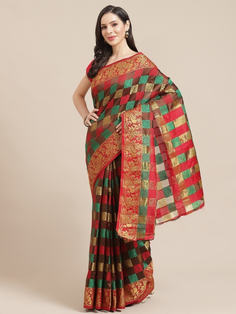 

SHOPGARB Brown & Red Silk Cotton Checked Celebrity Banarasi Saree