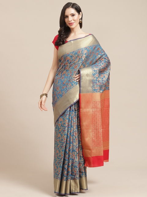 

SHOPGARB Teal Blue & Golden Ethnic Motifs Woven Design Celebrity Banarasi Saree