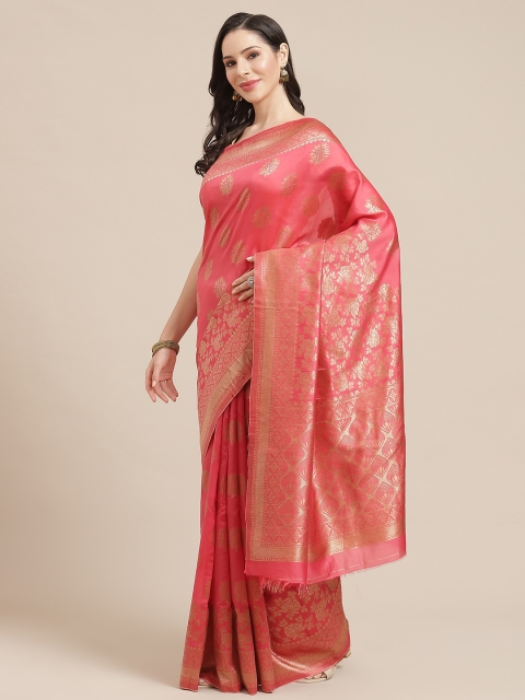 

SHOPGARB Coral Pink & Golden Ethnic Motifs Woven Design Celebrity Banarasi Saree