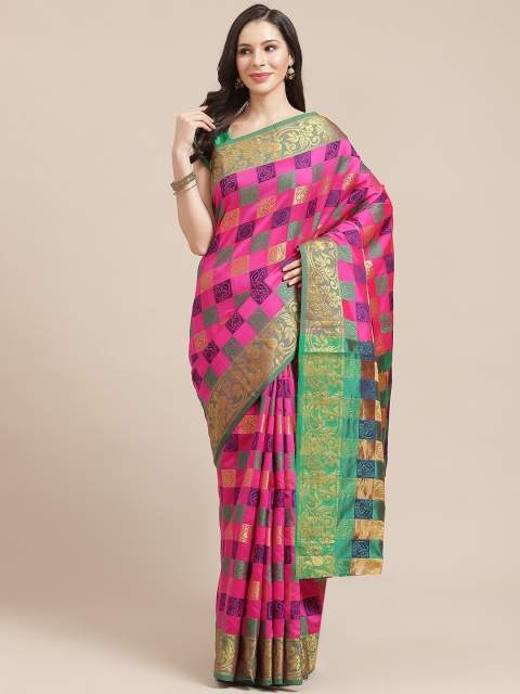 

SHOPGARB Pink & Golden Checked Celebrity Banarasi Saree