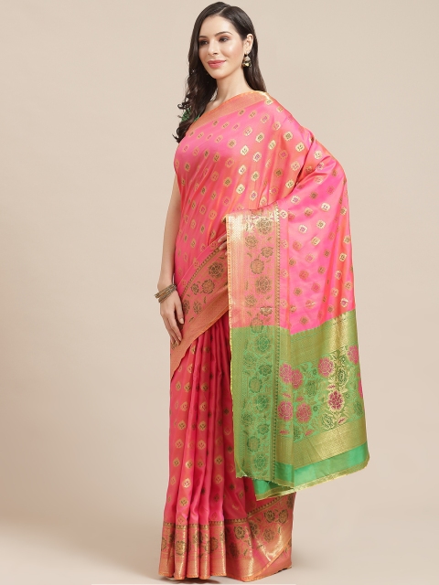 

SHOPGARB Pink & Golden Ethnic Motifs Woven Design Celebrity Banarasi Saree