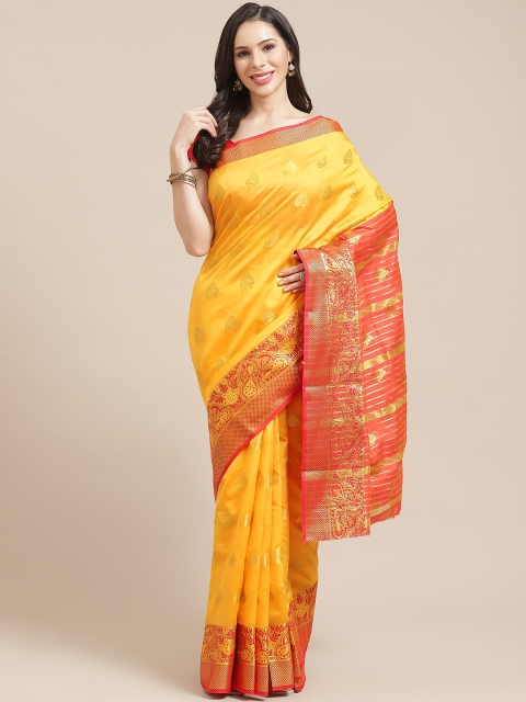 

SHOPGARB Yellow & Orange Ethnic Motifs Woven Design Celebrity Banarasi Saree