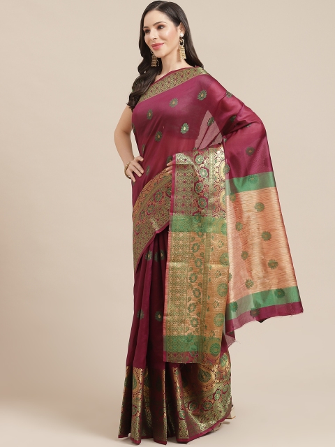 

SHOPGARB Burgundy & Golden Ethnic Motifs Woven Design Celebrity Banarasi Saree
