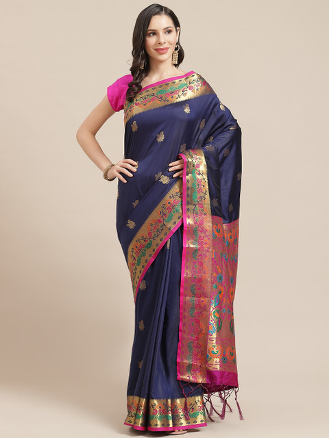 

SHOPGARB Navy Blue & Golden Ethnic Motifs Woven Design Celebrity Banarasi Saree