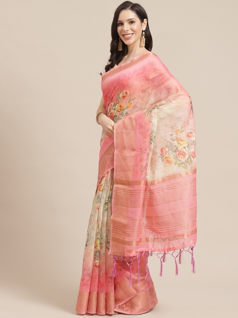 

SHOPGARB Peach-Coloured & Beige Silk Cotton Printed Banarasi Saree