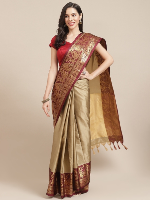 

SHOPGARB Beige & Maroon Silk Cotton Solid Banarasi Saree