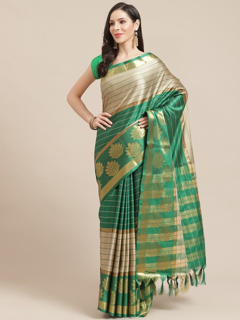 

SHOPGARB Green & Golden Silk Cotton Striped Banarasi Saree