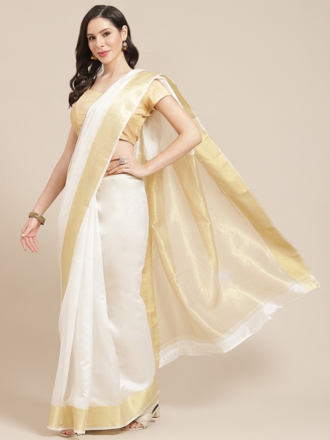 

SHOPGARB White & Golden Silk Cotton Solid Banarasi Saree