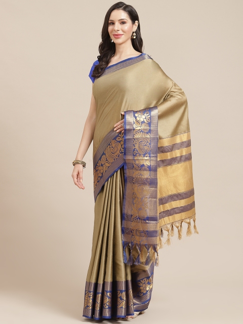 

SHOPGARB Beige & Navy Blue Silk Cotton Solid Banarasi Saree