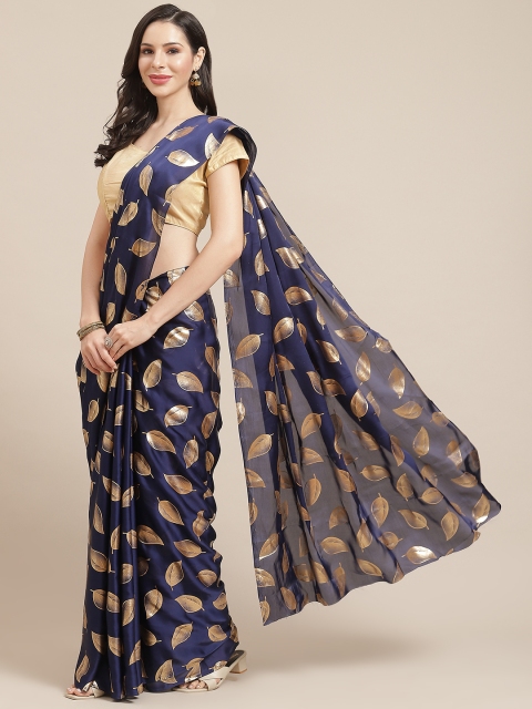 

SHOPGARB Navy Blue & Golden Silk Cotton Printed Banarasi Saree