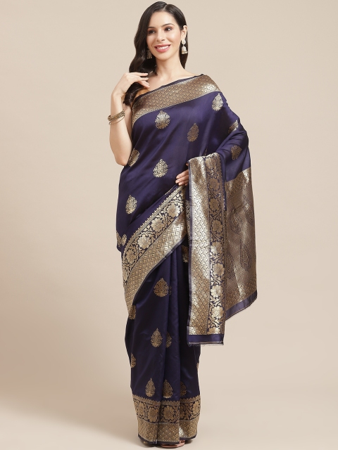 

SHOPGARB Navy Blue & Golden Silk Cotton Woven Design Banarasi Saree
