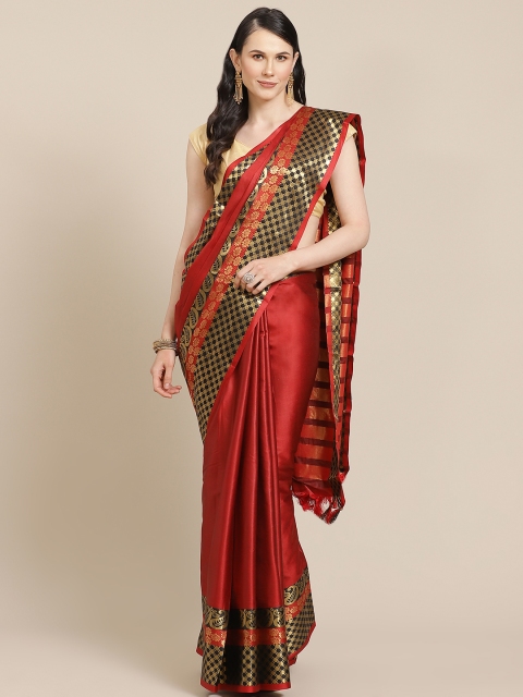 

SHOPGARB Red & Black Silk Cotton Solid Banarasi Saree